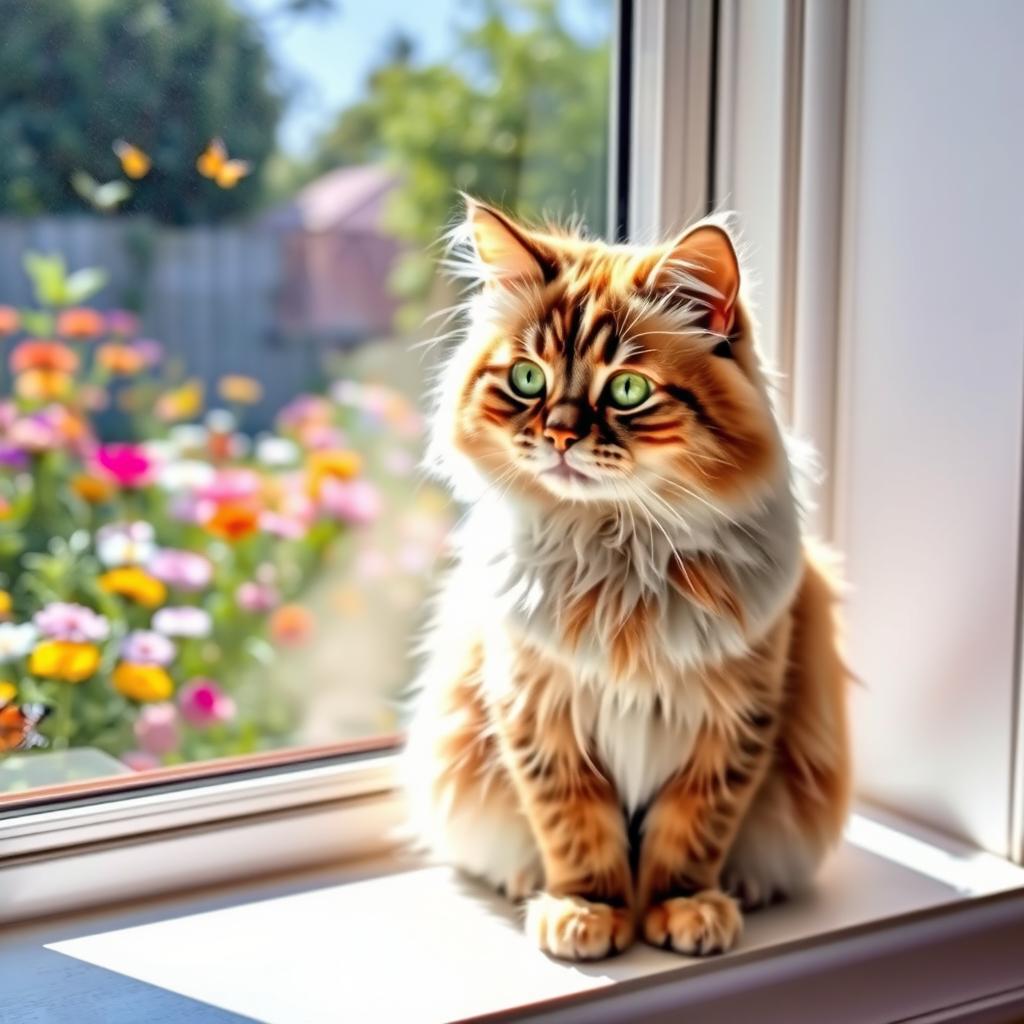 A beautiful, fluffy cat sitting gracefully on a windowsill with sunlight streaming in, its fur glistening