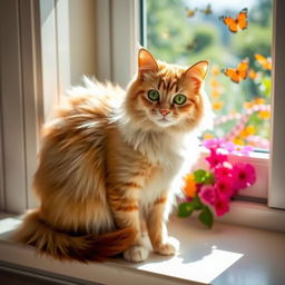 A beautiful, fluffy cat sitting gracefully on a windowsill with sunlight streaming in, its fur glistening