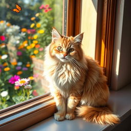 A beautiful, fluffy cat sitting gracefully on a windowsill with sunlight streaming in, its fur glistening
