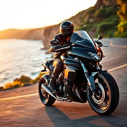 A powerful motorcycle with a rider, cruising along a scenic coastal road