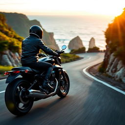 A powerful motorcycle with a rider, cruising along a scenic coastal road