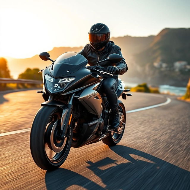 A powerful motorcycle with a rider, cruising along a scenic coastal road