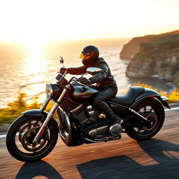 A powerful motorcycle with a rider, cruising along a scenic coastal road