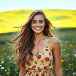 A beautiful young woman with long flowing hair, wearing a stylish summer dress, standing in a sunlit meadow filled with wildflowers
