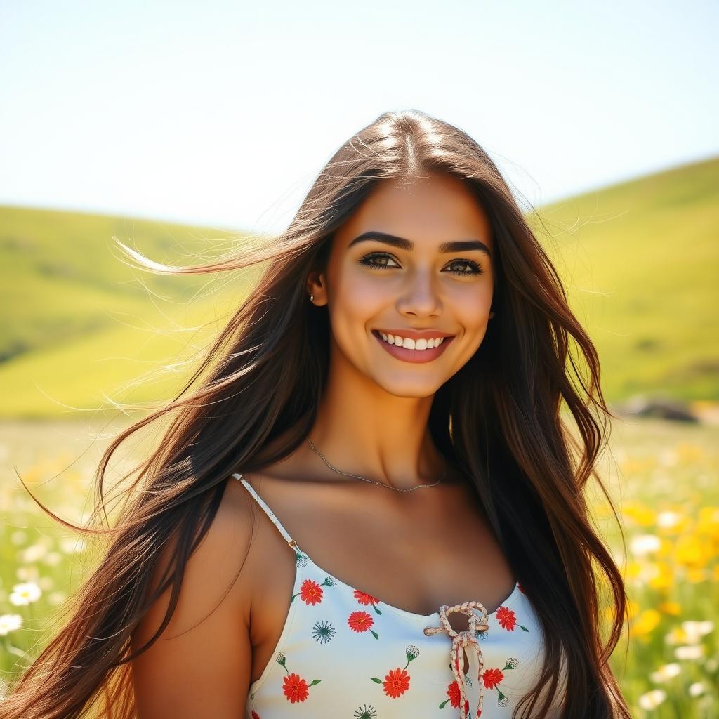 A beautiful young woman with long flowing hair, wearing a stylish summer dress, standing in a sunlit meadow filled with wildflowers