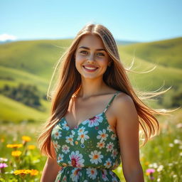 A beautiful young woman with long flowing hair, wearing a stylish summer dress, standing in a sunlit meadow filled with wildflowers