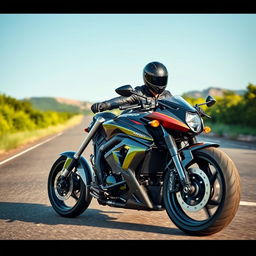 A powerful heavy motorcycle with a rider, showcasing dynamic movement on an open road