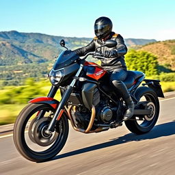 A powerful heavy motorcycle with a rider, showcasing dynamic movement on an open road