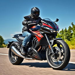 A powerful heavy motorcycle with a rider, showcasing dynamic movement on an open road
