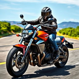 A powerful heavy motorcycle with a rider, showcasing dynamic movement on an open road