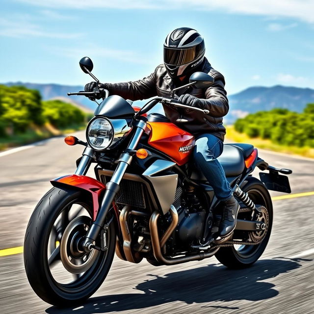 A powerful heavy motorcycle with a rider, showcasing dynamic movement on an open road