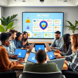 A modern digital privacy campaign presentation image featuring a diverse group of adults engaged in a discussion about online privacy