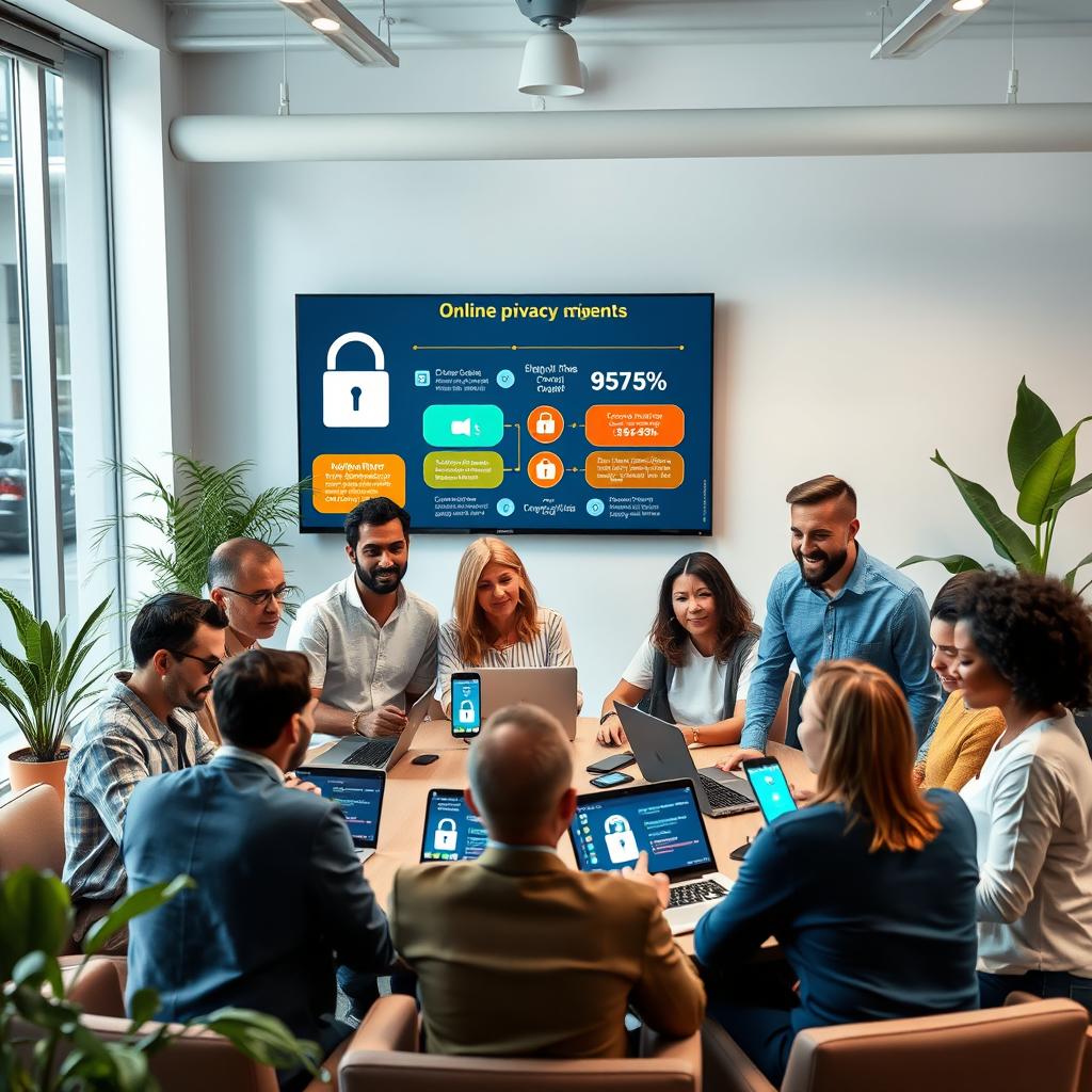 A modern digital privacy campaign presentation image featuring a diverse group of adults engaged in a discussion about online privacy