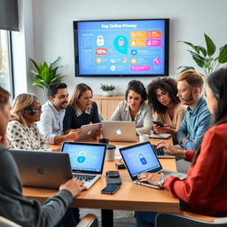 A modern digital privacy campaign presentation image featuring a diverse group of adults engaged in a discussion about online privacy