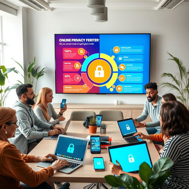 A modern digital privacy campaign presentation image featuring a diverse group of adults engaged in a discussion about online privacy