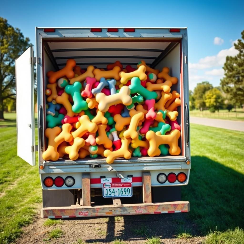 A cargo truck filled to the brim with oversized, cartoonish dog bones, colorful and playful in design, parked in a sunny outdoor setting with green grass and trees in the background