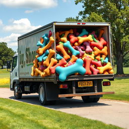 A cargo truck filled to the brim with oversized, cartoonish dog bones, colorful and playful in design, parked in a sunny outdoor setting with green grass and trees in the background