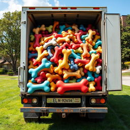 A cargo truck filled to the brim with oversized, cartoonish dog bones, colorful and playful in design, parked in a sunny outdoor setting with green grass and trees in the background