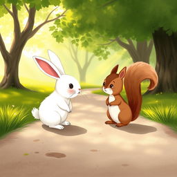 A small white rabbit meeting a cute little squirrel on a path