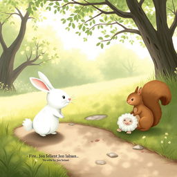 A small white rabbit meeting a cute little squirrel on a path