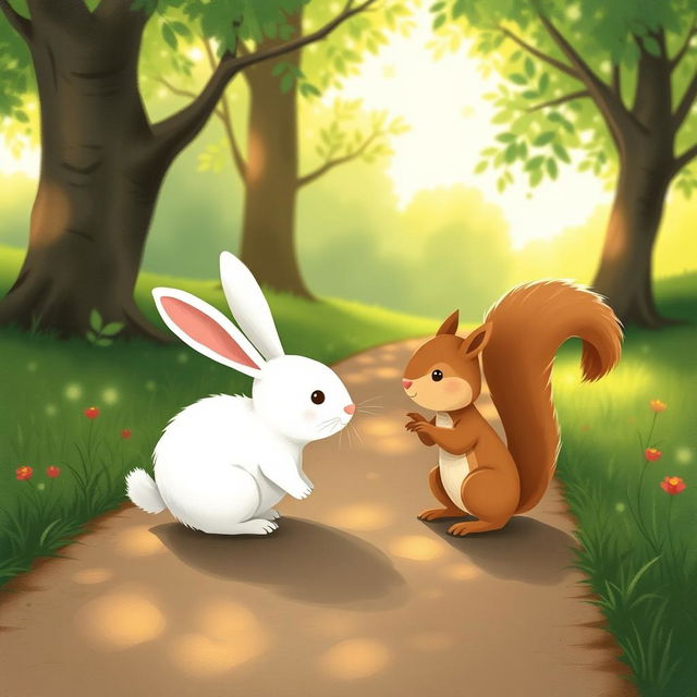 A small white rabbit meeting a cute little squirrel on a path