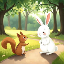 A small white rabbit meeting a cute little squirrel on a path