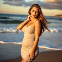 An exceptionally beautiful young woman with a perfect figure, wearing a fashionable, form-fitting dress that accentuates her curves