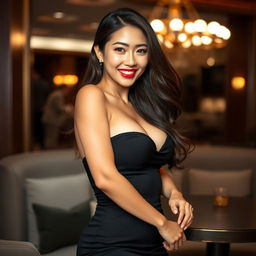 An alluring Asian mature woman exuding confidence and grace, dressed in elegant yet sexy attire that highlights her curves