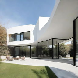 A modern house with sleek lines, large windows, minimalist aesthetics, and stylish furniture. The house should be in an open environment with abundant natural light.