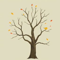 An old tree with smooth, bare branches, adorned with a few floating autumn leaves in the air