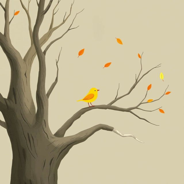 An old tree with smooth, bare branches, adorned with a few floating autumn leaves in the air