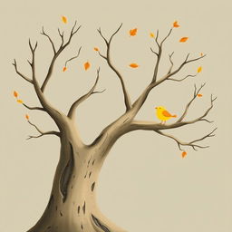 An old tree with smooth, bare branches, adorned with a few floating autumn leaves in the air