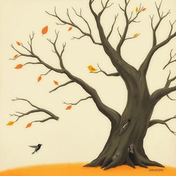 An old tree with smooth, bare branches, adorned with a few floating autumn leaves in the air