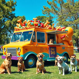 A vibrant food truck creatively designed to look like a giant dog bone, parked in a lively park