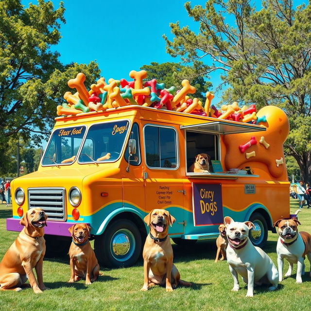 A vibrant food truck creatively designed to look like a giant dog bone, parked in a lively park