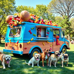 A vibrant food truck creatively designed to look like a giant dog bone, parked in a lively park