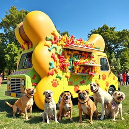 A vibrant food truck creatively designed to look like a giant dog bone, parked in a lively park