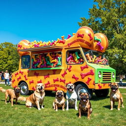 A vibrant food truck creatively designed to look like a giant dog bone, parked in a lively park