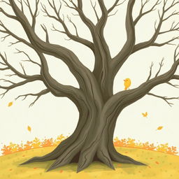An ancient tree with smooth, bare branches, surrounded by a serene autumn setting with a few leaves gently falling from the air