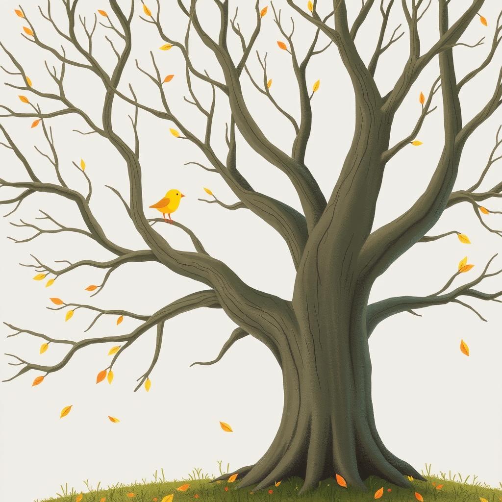 An ancient tree with smooth, bare branches, surrounded by a serene autumn setting with a few leaves gently falling from the air