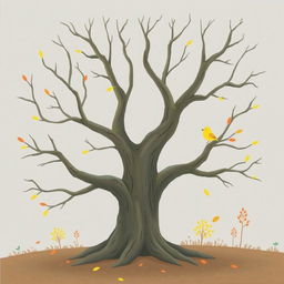 An ancient tree with smooth, bare branches, surrounded by a serene autumn setting with a few leaves gently falling from the air