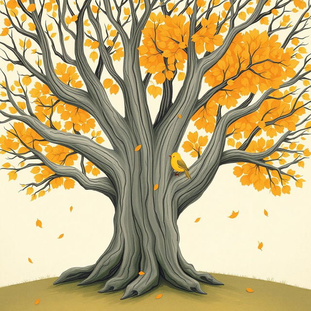 An ancient tree with smooth, bare branches, surrounded by a serene autumn setting with a few leaves gently falling from the air