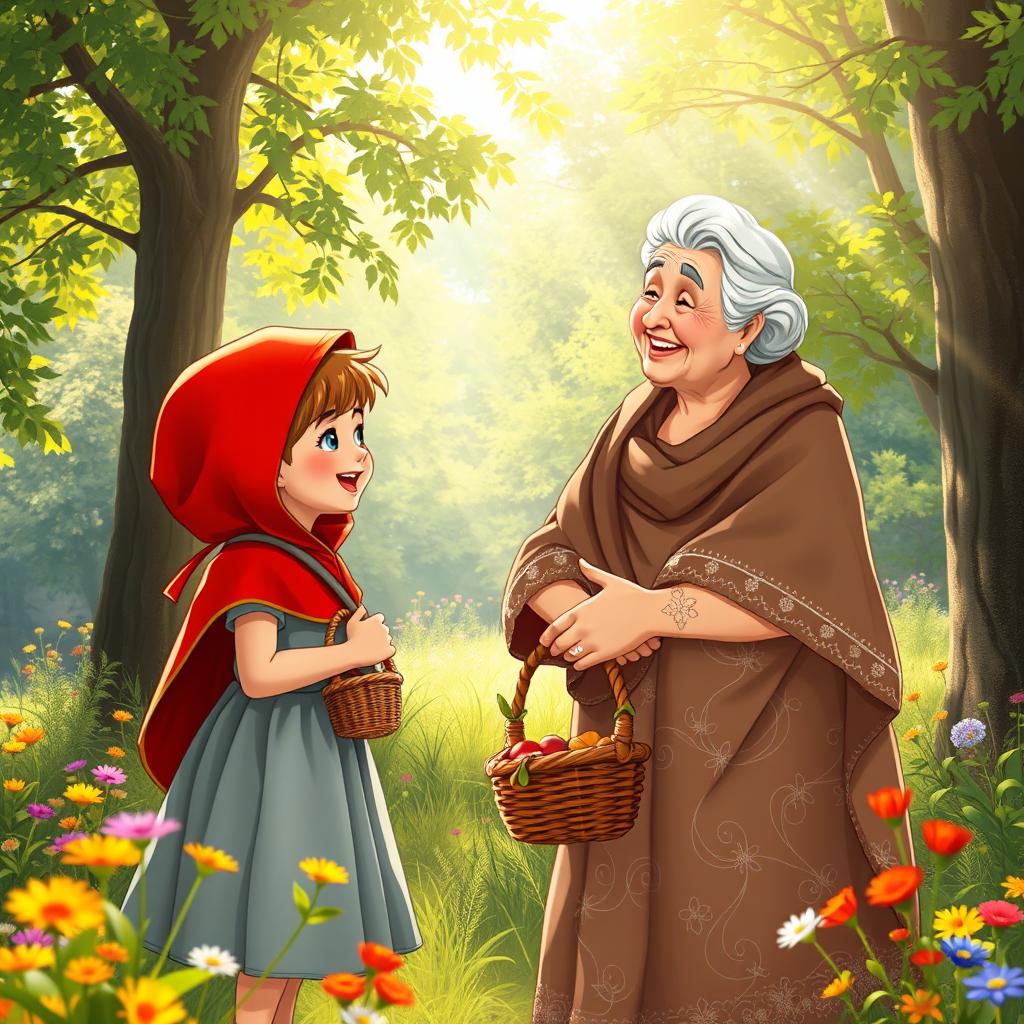 A heartwarming scene of Little Red Riding Hood meeting her grandmother in a sunlit forest clearing