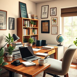 A cozy and modern workspace, featuring a wooden desk cluttered with a laptop, notebooks, and a steaming cup of coffee
