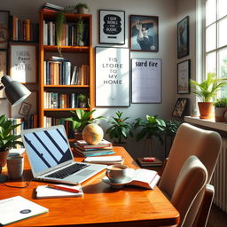 A cozy and modern workspace, featuring a wooden desk cluttered with a laptop, notebooks, and a steaming cup of coffee