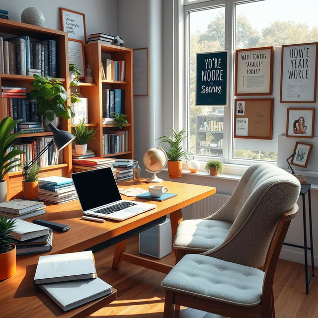 A cozy and modern workspace, featuring a wooden desk cluttered with a laptop, notebooks, and a steaming cup of coffee