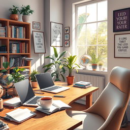A cozy and modern workspace, featuring a wooden desk cluttered with a laptop, notebooks, and a steaming cup of coffee