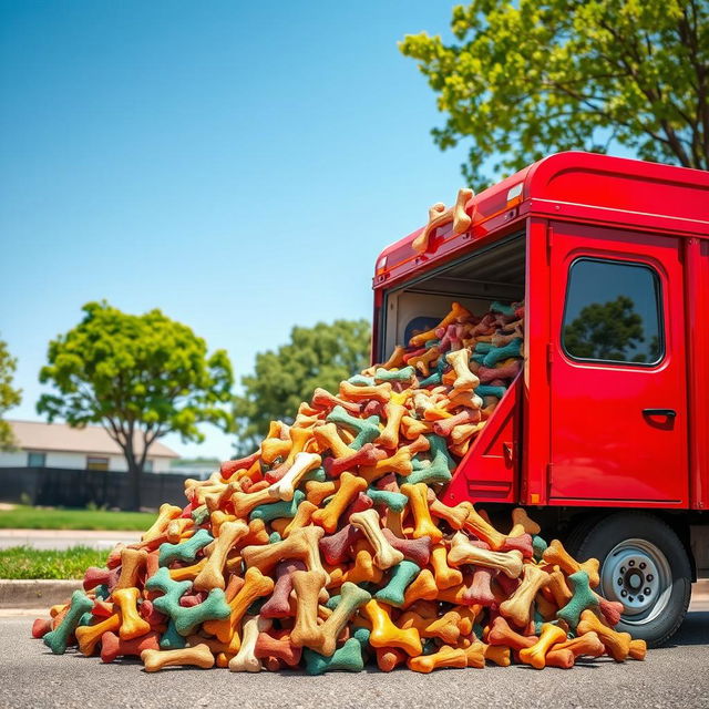 A vibrant scene featuring a cargo truck overflowing with an assortment of dog bones in various sizes and shapes, parked in a sunny outdoor setting