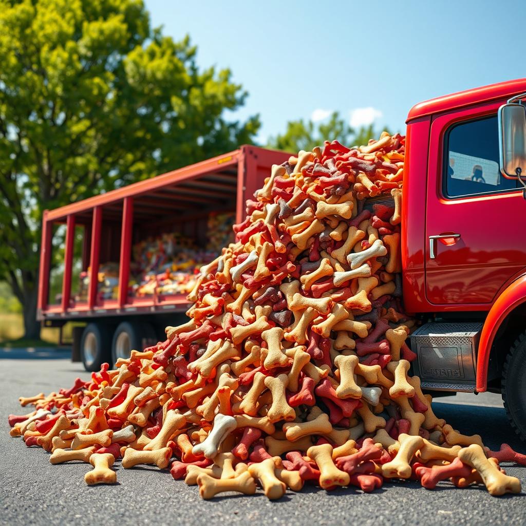 A vibrant scene featuring a cargo truck overflowing with an assortment of dog bones in various sizes and shapes, parked in a sunny outdoor setting