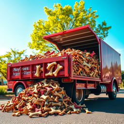 A vibrant scene featuring a cargo truck overflowing with an assortment of dog bones in various sizes and shapes, parked in a sunny outdoor setting